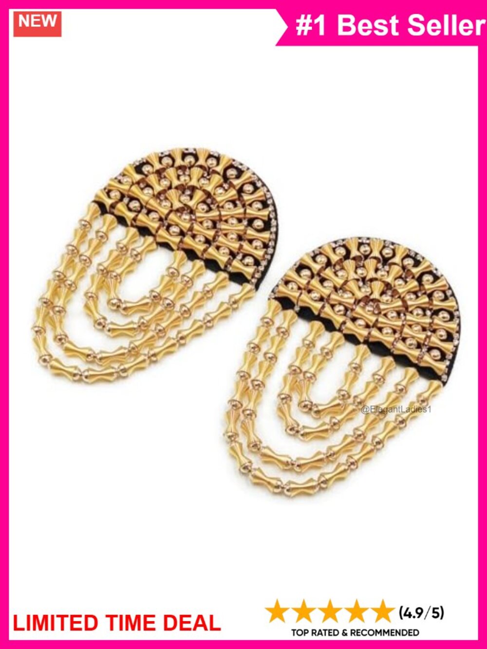 Handmade Beaded Rhinestone Epaulet Brooch Pin Pair Tassel Fringe Applique